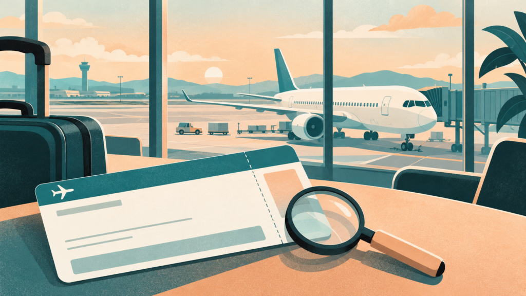 공항 창밖의 여객기와 탑승권, 돋보기를 그린 설명용 일러스트